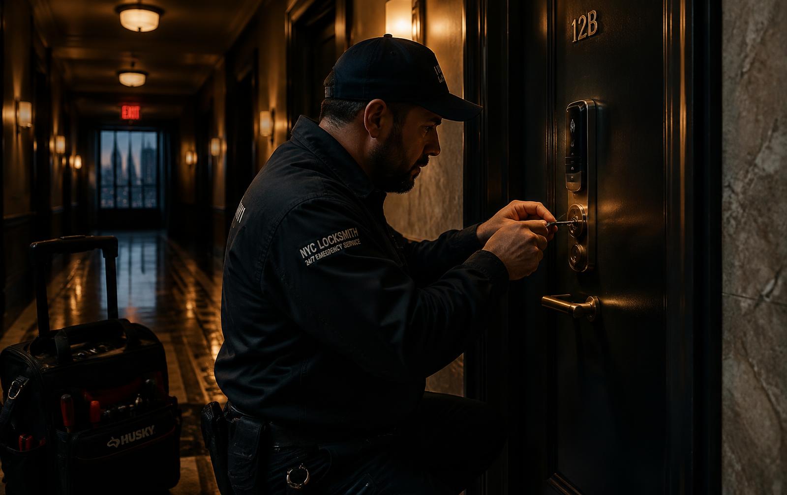 Locksmith installing a lock in a New York apartment